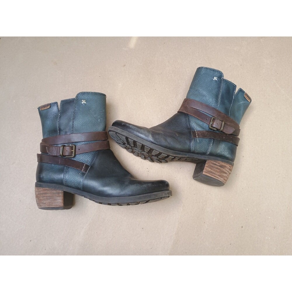 Pikolinos Blue Gray Leather Buckle Strap Ankle Biker Boots Size EU 38 Us 7.5-8